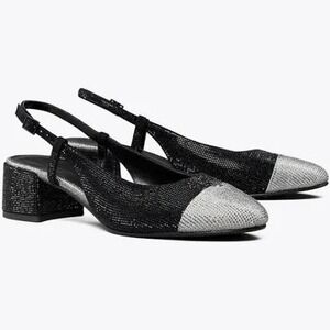 Tory Burch Black Silver Crystal Embellished Cap Toe Slingback Pumps Size 6 EUC
